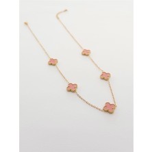 Kadın Çelik Kolye Pembe Beşli Yonca Figürlü Gold Renk 45 cm