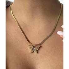 Altın Renk Kelebek Figürlü Çelik Kolye