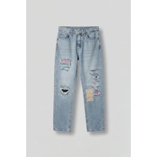 Abluka Online Erkek Baggy Fit Patchwork Hype Jean Pantolon Mavi