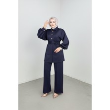 Weak Blue Şık Tesettür Tunik Pantolon Takım – Kuşaklı Düğmeli Uzun Kollu Ikili Takım