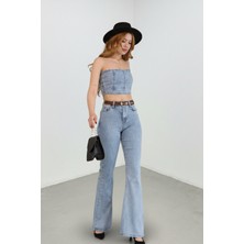 Kadın Yüksek Bel Ispanyol Paça Açık Mavi Denim Likralı Jean Pantolon