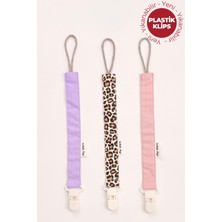 My Vera 3'lü Emzik Askısı Seti - Lila Leopar Pudra Plastik Klipsli 0-2 Yaş İçin Şık Aksesuar
