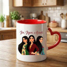 Zerya Jin Jiyan Azadi Kadın Tasarımlı Kırmızı Kalp Kupa Bardağı - Jin Jiyan Azadi Motifli Kalp Kupa Bardak