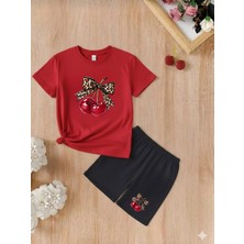 Doce Elegante Kiraz Kurdale Baskılı Yazlık Kız Çocuk Takım