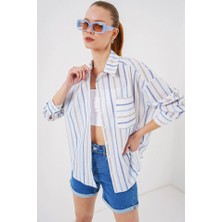 Queene Dreams Çizgili Oversize Gömlek 20278 - Mavi