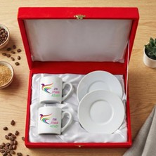 Zerya Jin Jiyan Azadi Güvercin Tasarımlı Kadife Kırmızı Renkli Kutulu 2 Li Porselen Kahve Fincan Seti
