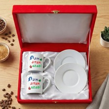 Zerya Jin Jiyan Azadi Yazılı Kadife Kırmızı Renkli Kutulu 2 Li Porselen Kahve Fincan Seti