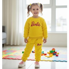 Kız Çocuk Sarı Polar Eşofman Takımı - Nakışlı Sweatshirt ve Eşofman Altı 2'li Set