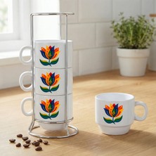 Zerya Çiçek Desenli Standlı 4'lü Porselen Kahve Fincan Seti