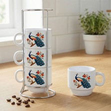 Zerya Tavus Kuşu Tasarımlı Standlı 4'lü Porselen Kahve Fincan Seti - Tavus Kuşu Motifli Kahve Fincanları