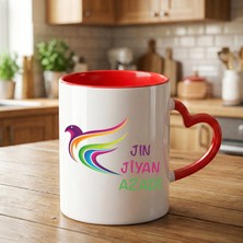 Zerya Jin Jiyan Azadi Tasarımlı Kırmızı Kalp Kupa Bardağı - Jin Jiyan Azadi Kalp Kupa Bardak