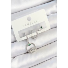 Luord Ticaret Bfs Pirinç Zirkon Taşlı Göz ve Baykuş Model Gümüş Renk 3'lü Çift Kadın Küpe Set