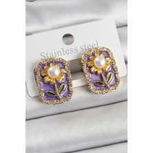 Luord Ticaret Bfs Pirinç Mor Mineli Papatya Figürlü Sanatsal Portre Model Gold Renk Kadın Küpe