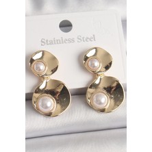 Luord Ticaret Bfs Pirinç Gold Renk Sallantı Inci Detaylı Daire Plaka Model Kadın Küpe