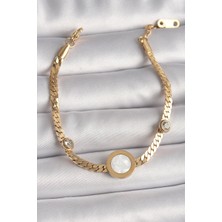 Luord Ticaret Bfs 316L Çelik Gold Renk Yassı Zincir Model Zirkon Taş Detaylı Beyaz Mineli Madalyon Model Kadın Bileklik