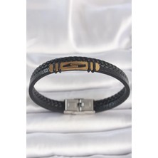 Luord Ticaret Bfs 316L Çelik Gold Renk Aksesuarlı Çift Sıra Siyah Burgu Desenli Deri Kordon Erkek Bileklik