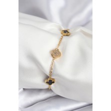 Luord Ticaret Bfs 316L Çelik Gold Renk Siyah ve Zirkon Taşlı Baby Boy Yonca Kadın Bileklik