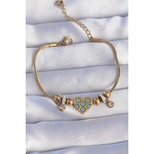 Luord Ticaret Bfs 316L Çelik Gold Renk Zirkon Taşlı Nazarlı Kalp Tasarımlı Bileklik