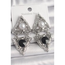 Luord Ticaret Bfs Pirinç Gümüş Renk Sallantı Üçgen Model Inci Detay Kadın Küpe