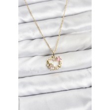 Luord Ticaret Bfs 316L Çelik Zincir Gold Renk Pembe Taş Detaylı Çelenk Model Kadın Kolye