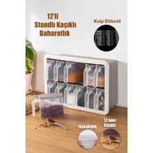 Porsima Simple  12'Li Standlı Kendinden Yapışkanlı Kaşıklı Kapaklı Baharatlık Saklama Kabı Seti - Cappuccino Beyaz