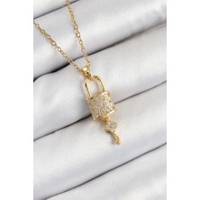 Luord Ticaret Bfs 316L Çelik Zirkon Taşlı Kilit ve Sallantılı Anahtar Model Gold Renk Kadın Kolye