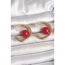 Luord Ticaret Bfs Pirinç Gold Renk Halka Model Kırmızı Boncuk Detay Kadın Küpe