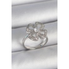 Luord Ticaret Bfs Pirinç Gümüş Renk Zirkon Taşlı Yonca Model Ayarlanabilir Kadın Yüzük