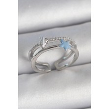 Luord Ticaret Bfs Pirinç Gümüş Renk 2'li Zirkon Taşlı Mavi Yıldız Figür Ayarlanabilir Kadın Yüzük