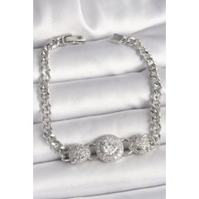 Luord Ticaret Bfs Pirinç Gümüş Renk Zirkon Taşlı Leopar Figür Zincir Model Kadın Bileklik