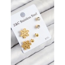 Luord Ticaret Bfs 316L Çelik Zirkon Taşlı Kar Tanesi Model Gold Renk Kadın Set Küpe