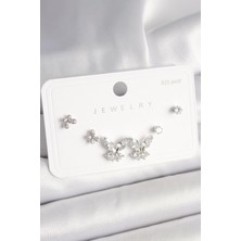 Luord Ticaret Bfs 925 Ayar Gümüş Çivi Pirinç Zirkon Taşlı Kelebek Model Kadın Küpe Seti