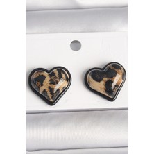 Luord Ticaret Bfs Pirinç Siyah Renk Leopar Desen 3D Kalp Model Kadın Küpe