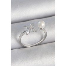 Luord Ticaret Bfs Pirinç Gümüş Renk Zirkon Taşlı Çiçek Model Inci Detay Ayarlanabilir Kadın Yüzük