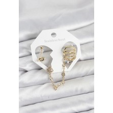 Luord Ticaret Bfs Pirinç Gold Renk Sarmal Model Zincir Bağlantılı Ear Cuff Küpe Seti