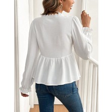 Yeşil Sarmaşık Kadın Uzun Kollu V Dantel Yaka Aerobin Bluz