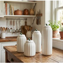 Emaye Burada 4'lü Beyaz Seramik Kabak Figürlü Kavanoz Seti -  Kapaklı Erzak Saklama Kabı 10,15,20,25 cm