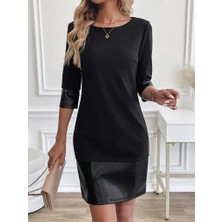 Yeşil Sarmaşık Kadın Uzun Kollu Bisiklet Yaka Deri Detaylı Ithal Krep Elbise