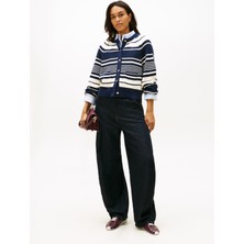 Tommy Hilfiger Lacivert Kadın Yuvarlak Yaka Standart Fit Çizgili Hırka Co Cardı Stıtch C-Nk Ls Cardı