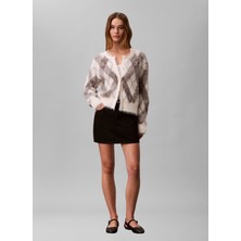Calvin Klein Jeans Bej Kadın Yuvarlak Yaka Standart Fit Baklava Kazak Fuzzy Novelty Argyle Sweater