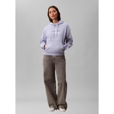 Calvin Klein Jeans Mavi Kadın Kapüşonlu Standart Fit Baskılı Sweatshirt Ls Monologo French Terry Po Hood