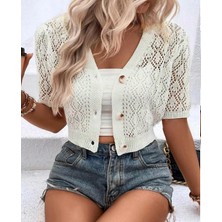 Yuga Knitting Ajurlu Delikli Kısa Kol Mevsimlik Triko Hırka