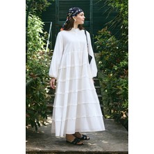 Kadriye Baştürk Azur Vual Katlı Uzun Elbise Ekru