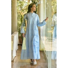 Kadriye Baştürk Azur Vual Katlı Uzun Elbise Bebe Mavisi