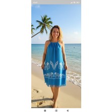 Nevin Acar Petrol Filli Bağlamalı  Askılı Peştemal Plaj Elbisesi