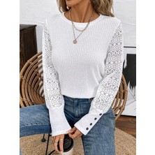 Tua Moda Kadın Uzun Kollu Bisiklet Yaka Kolları Tüllü Waffle Bluz