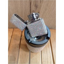 Parlak Neon Taşlı Alüminyum Küllük ve Zippo Çakmak Seti