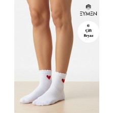 Eymen Socks 6 Çift Beyaz Kalp Desenli Yarım Konç Kadın Çorap Pamuklu Premium Kalite
