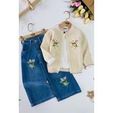 Miniğimin Cicileri Çiçek Nakışlı Örgü Hırkalı Kot Pantolonlu Kız Çocuk 3’lü Takım – Krem