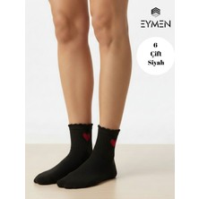 Eymen Socks 6 Çift Siyah Kalp Desenli Yarım Konç Kadın Çorap Pamuklu Premium Kalite